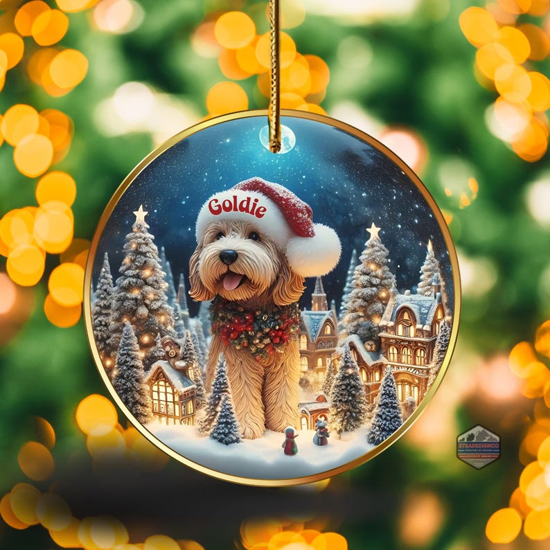 personalized doodle dog ceramic ornament features a charming scene featuring a Goldendoodle Dog nestled inside a festive snow globe scene. The ornament comes personalized with your pup's name. The design is then placed on both sides of the ornament and is finished in a full gloss. This ornament makes a heartwarming addition to your holiday decorations or a thoughtful gift for the dog lover in your life.

* Vibrant and detailed image - Glossy finish