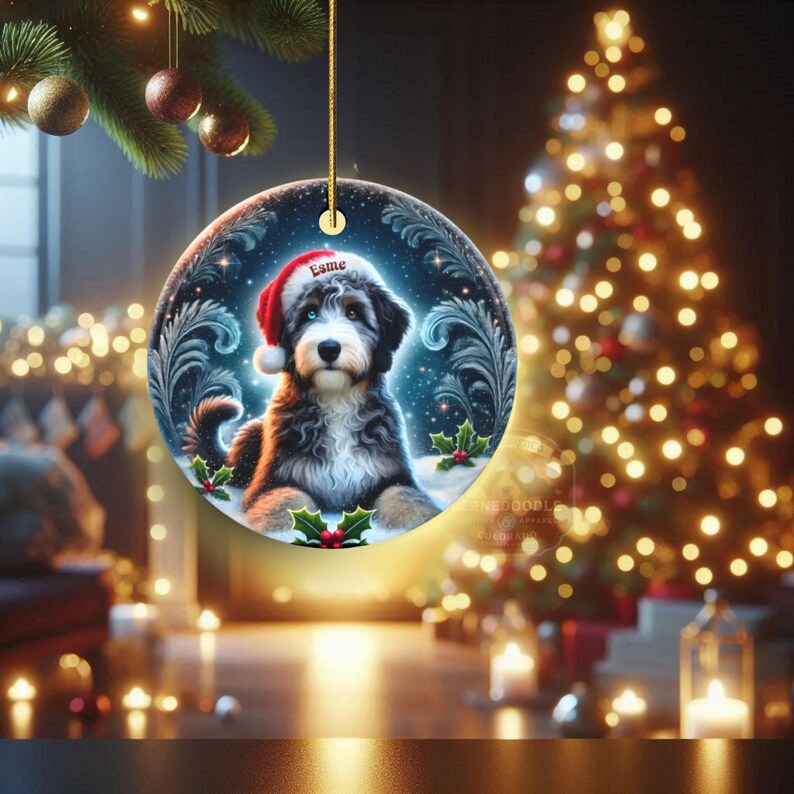 Merle Bernedoodle, Personalized Santa Hat Ornament | Sublimation Ceramic | Custom Dog Lover Gift image 14