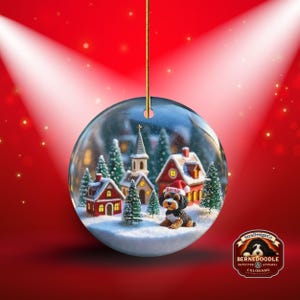 Snow globe style design personalized ceramic bernedoodle ornament with a warm backdrop Christmas dog ornament with festive winter scene.  Great gift idea for doodle moms and doodle dog lovers!