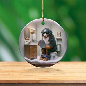Bernese Mountain Dog Sitting on Toilet Scene Ceramic Ornament, Dog Bathroom Art, Pup Restroom Gifts, Dog Reading a Magazine, Trendy Dog Gift