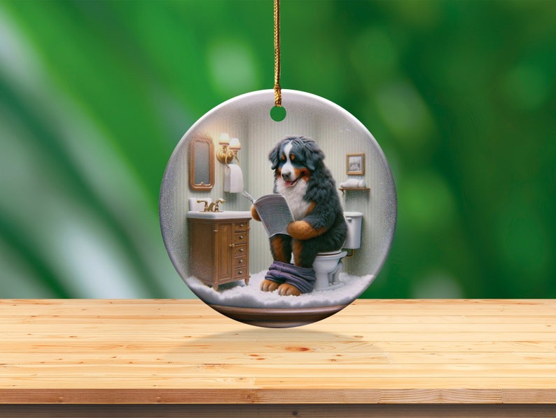 Bernese Mountain Dog Sitting on Toilet Scene Ceramic Ornament, Dog Bathroom Art, Pup Restroom Gifts, Dog Reading a Magazine, Trendy Dog Gift