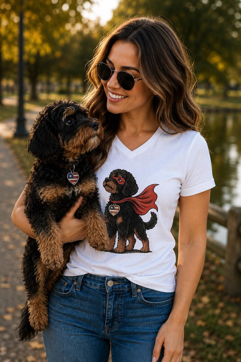 Hero Doodle Dog Fitted V-Neck Tee | Bernedoodle Superpup Graphic Shirt | Dog Lover Gift image 3