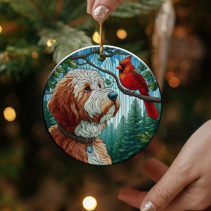 Cardinal and Bernedoodle Dog Ceramic Ornament, Oil Paint Style Design, Cardinal Lovers Gift, Mothers Day, Bird Lovers, Custom Crafted Design