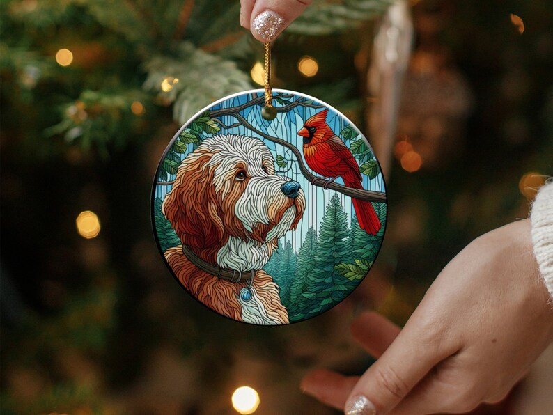 Cardinal and Bernedoodle Dog Ceramic Ornament, Oil Paint Style Design, Cardinal Lovers Gift, Mothers Day, Bird Lovers, Custom Crafted Design