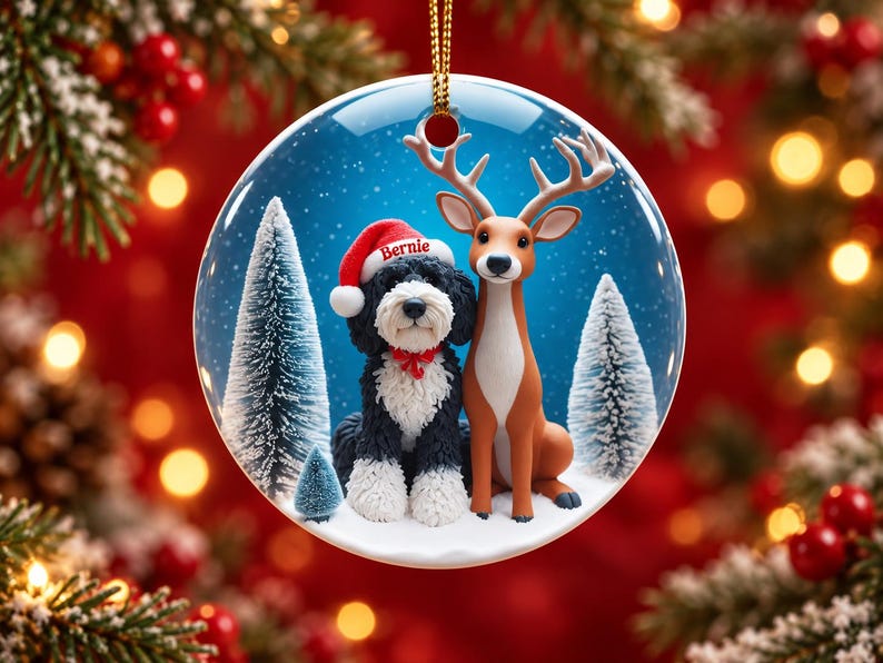 May include: A round ceramic Christmas ornament featuring a black and white dog wearing a red Santa hat with the name Bernie printed on it, sitting next to a brown deer in a snowy forest with pine trees under a blue sky.