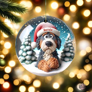 Cute clay style bernedoodle looking worried that Santa isn't coming.  Personalized bernedoodle ornament.