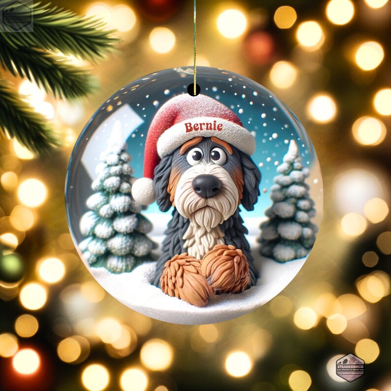Cute clay style bernedoodle looking worried that Santa isn't coming.  Personalized bernedoodle ornament.