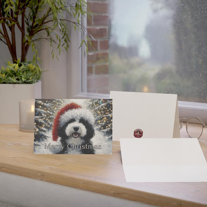 Merry Christmas dog greeting card, festive holiday card with dog in Santa hat, cute Christmas stationery, Christmas decor