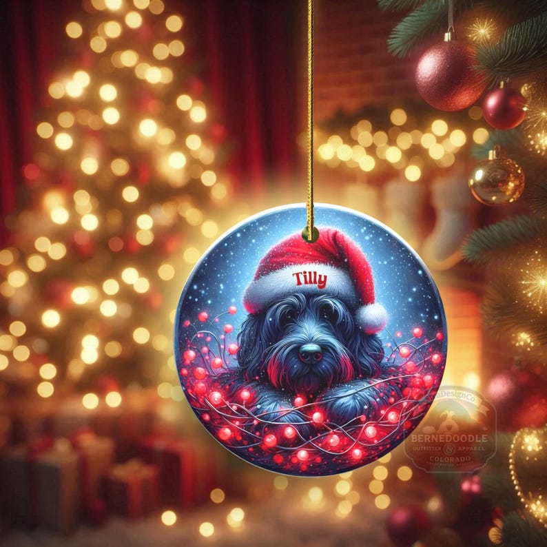 Personalized Black Doodle Ornament, Santa Hat Keepsake - Sublimation Ceramic Dog Gift | Two Sided Decoration | 3 Inch Christmas Keepsake image 3