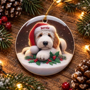 May include: A round ceramic Christmas ornament featuring a fluffy white and tan dog wearing a red Santa hat with the name Bernie printed on the brim. The dog rests on a snowy surface decorated with green holly leaves and red berries.