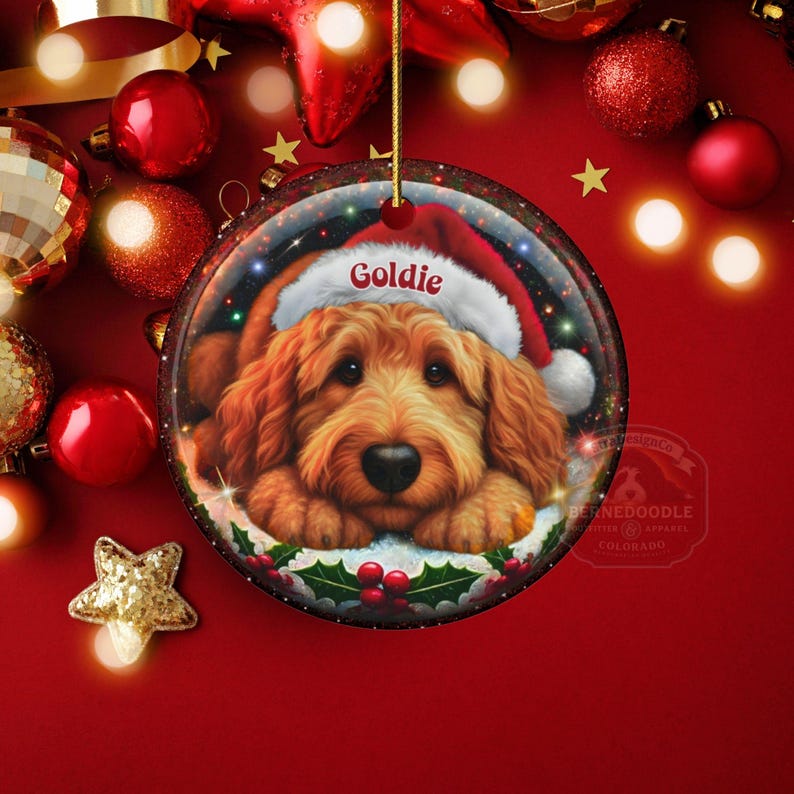 Ceramic golden doodle goldendoodle doodle dog ornament with impressive snow globe style design on both sides.  Excellent doodle mom gift.  Goldendoodle holiday heirloom gift and Christmas Tree Ornament!