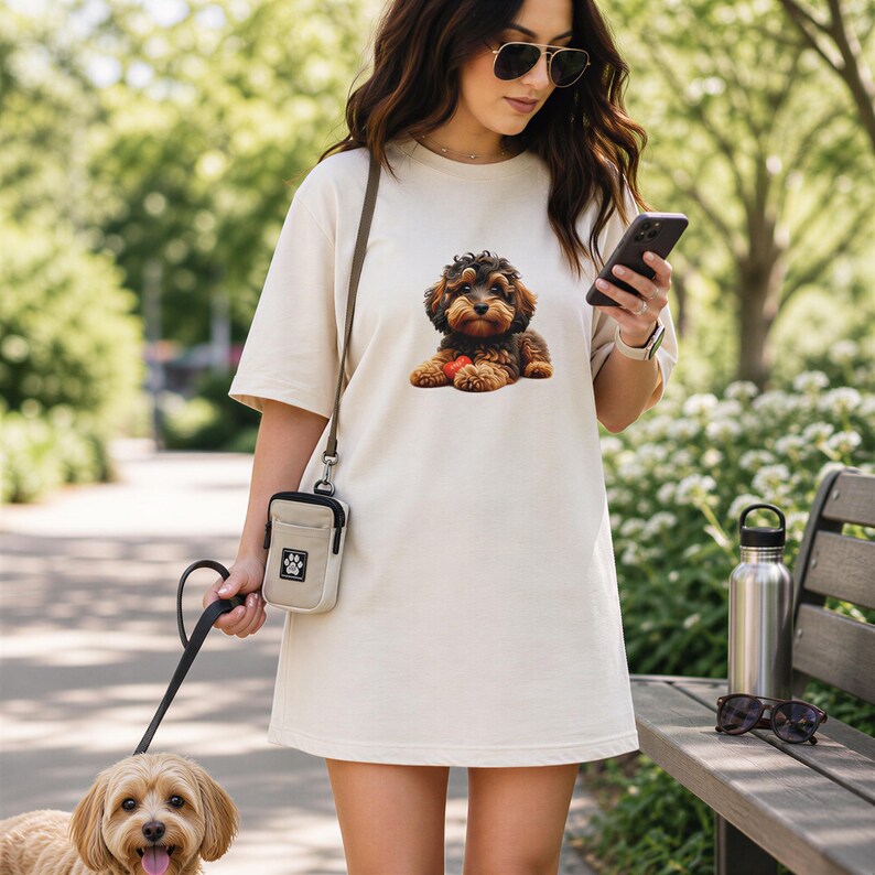A woman wearing a white dress with a dog on it is walking a small dog on a leash while looking at her phone.