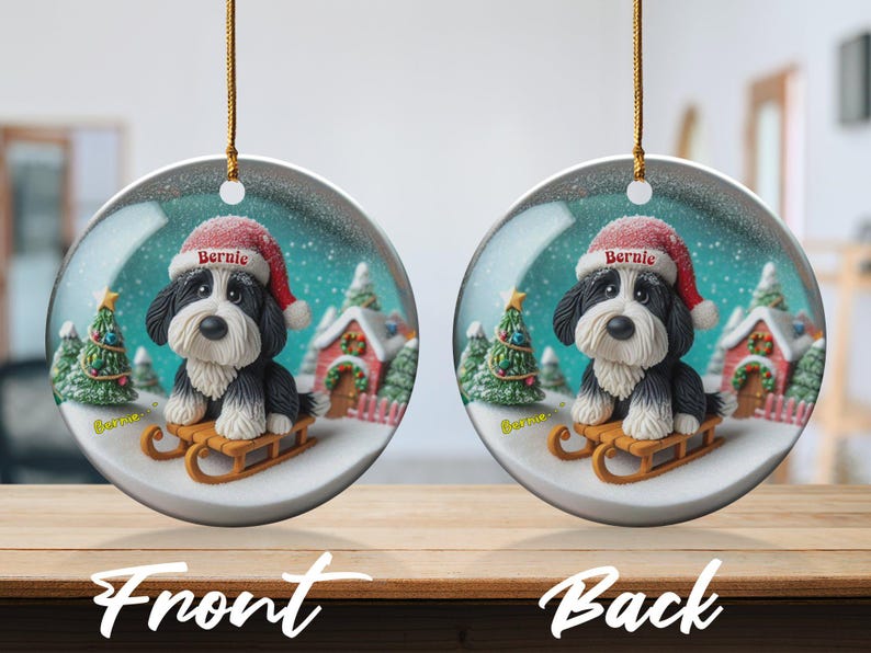 Ceramiczna ozdoba z motywem bernedoodle'a, dwustronna sublimacja | 7,5 cm ozdoba choinkowa | Pamiątkowy prezent dla miłośnika psów zdjęcie 7