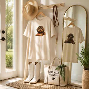 A collection of dog-themed items, including a white t-shirt, a hat, a pair of white boots, and a bag, are displayed in a room with a mirror and a plant.