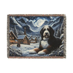 Large Dog in Winter Wonderland Tapestry, Cozy Cabin Scene, Decorative Wall Art, Perfect Gift for Dog Lovers, Home Decor Blanket