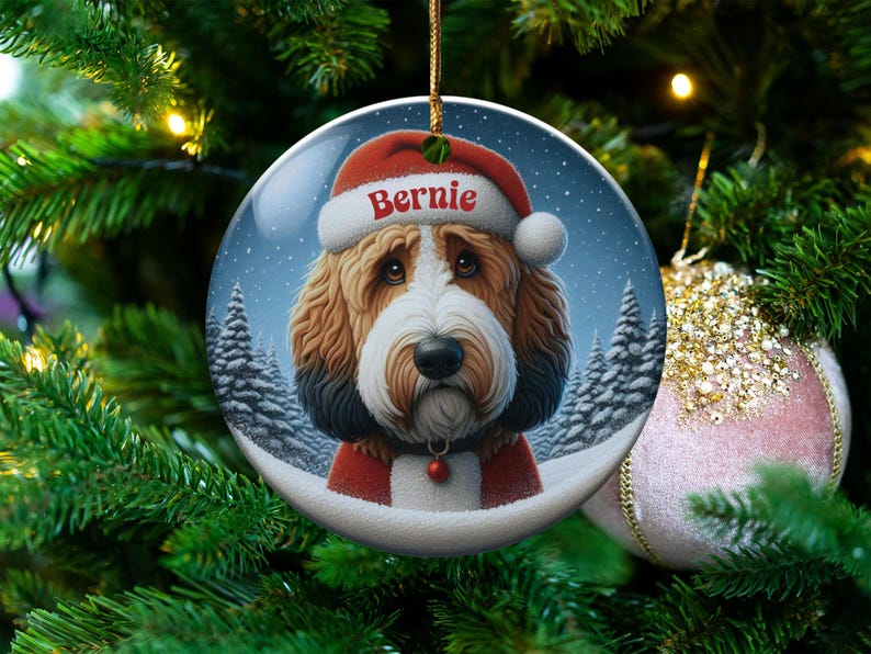 Personalized dog Christmas ornament, Custom pet holiday décor, Santa hat puppy ornament, Christmas tree decoration for dog lovers