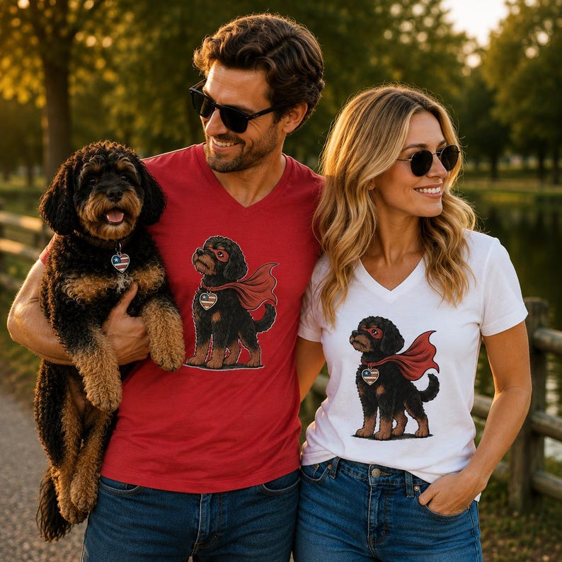 Hero Doodle Dog Fitted V-Neck Tee | Bernedoodle Superpup Graphic Shirt | Dog Lover Gift image 4