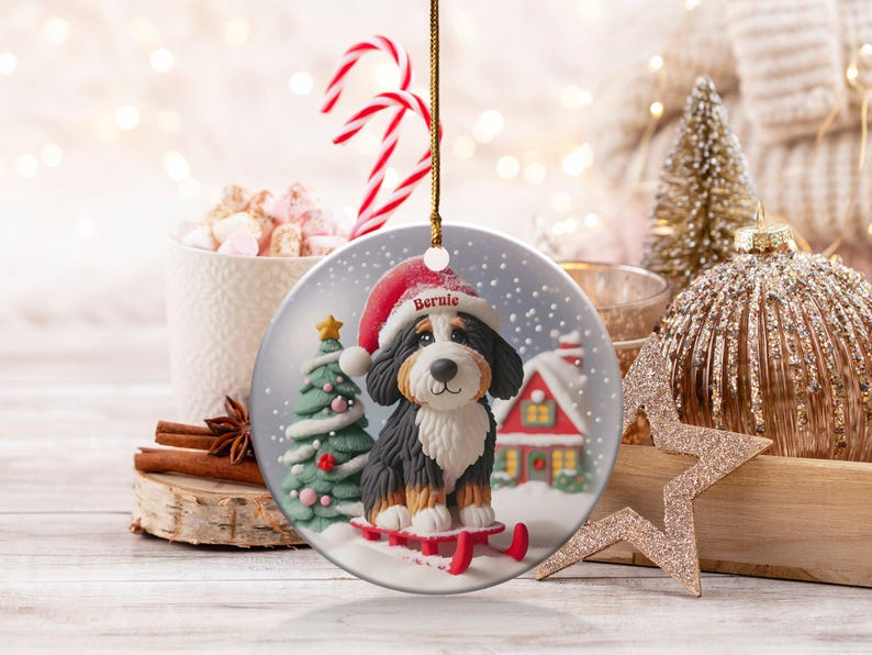 Bernedoodle-ornament, sneeuwbol-stijl met slee-ontwerp | Sublimatiekeramiek | 7,6 cm glanzend aandenken, dubbelzijdige kerstdecoratie afbeelding 4