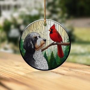 Cardinal and Bernedoodle Dog Ceramic Ornament, Oil Paint Style Design, Cardinal Lovers Gift, Mothers Day Gifts Bird Lovers Dog Mom Ornament