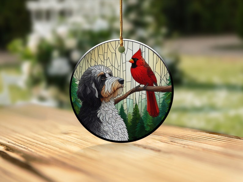 Cardinal and Bernedoodle Dog Ceramic Ornament, Oil Paint Style Design, Cardinal Lovers Gift, Mothers Day Gifts Bird Lovers Dog Mom Ornament