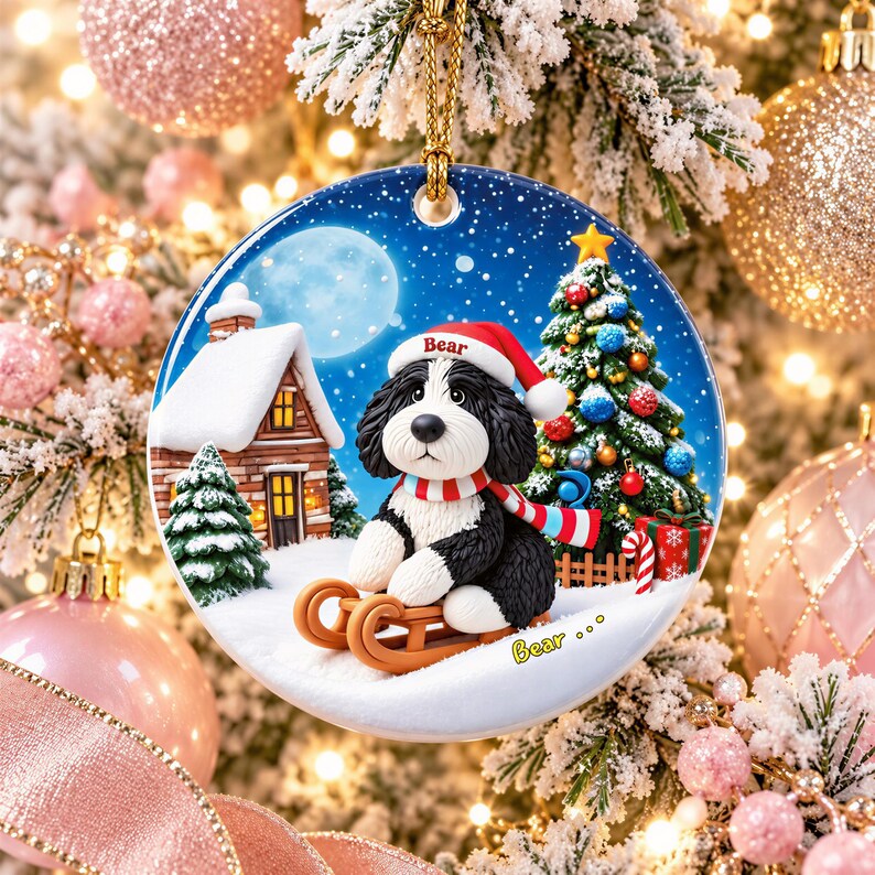 A decorative ornament featuring a black and white dog wearing a Santa hat and riding a sled, with a snowy village scene and a Christmas tree in the background.