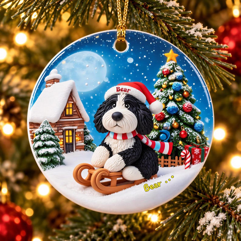 A decorative ornament featuring a black and white dog wearing a Santa hat, sitting on a sled and surrounded by a snowy winter scene with a Christmas tree, a house, and other holiday decorations.