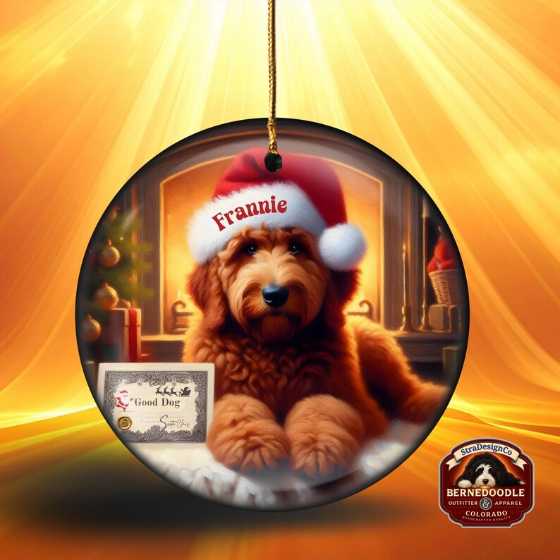 Pu&ograve; includere: Ornamento natalizio rotondo con un cane golden doodle con un cappello da Babbo Natale con il nome "Frannie". Il cane &egrave; di fronte a un camino. &Egrave; visibile anche un certificato "Good Dog". L'ornamento ha un cordino dorato per appenderlo.