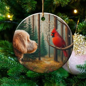 Cardinal and Goldendoodle Ceramic Ornament, Stained Glass Design, Cardinal gift, Mothers Day Gift, Bird Lovers Gift, Custom stained glass look, cardinal