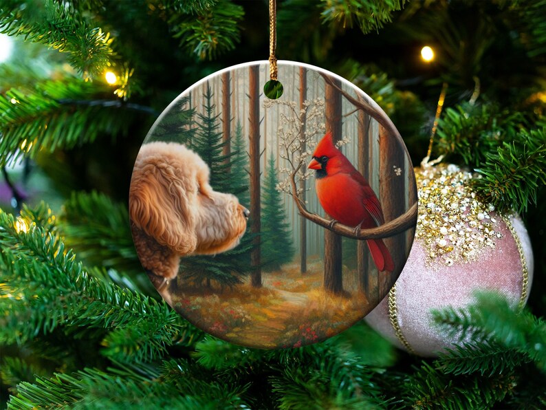 Cardinal and Goldendoodle Ceramic Ornament, Stained Glass Design, Cardinal gift, Mothers Day Gift, Bird Lovers Gift, Custom stained glass look, cardinal