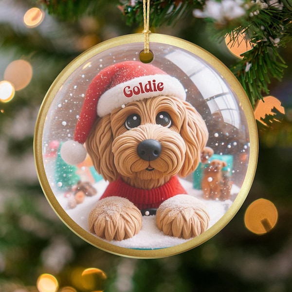 Custom Name Ornament, Goldendoodle Santa Hat Ceramic Decor | Glossy Sublimation Keepsake | 3 Inch - Holiday Gift