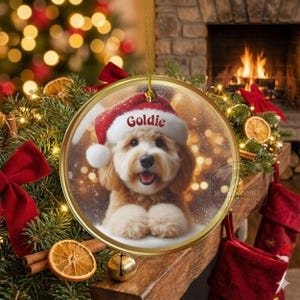 Keramik-Weihnachtsmannmütze, personalisierter Goldendoodle-Weihnachtsbaumschmuck | Sublimationsdruck | 7,6 cm (3 Zoll) Baumdekoration, individuelles Haustier-Andenken, Weihnachtsgeschenk Bild 8