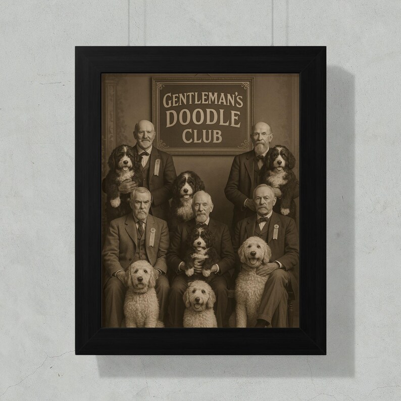 Vintage Gentleman's Doodle Club Art Print, Dog Lover's Wall Decor, Unique Gift for Pet Owners, Classic Home Decor, Black Frame Wall Art