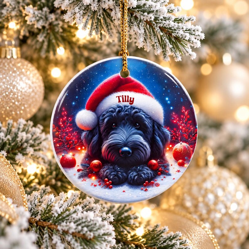 May include: A round ceramic Christmas ornament featuring a black dog wearing a red and white Santa hat. The name Tilly is printed in red on the hat brim. The background shows a snowy scene with red berries and ornaments, suspended by a gold cord.