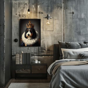 May include: A framed portrait of a Bernese Mountain Dog wearing a gold crown and a ruffled collar. The dog has black, brown, and white fur. The artwork hangs above a nightstand in a bedroom with industrial-style decor.
