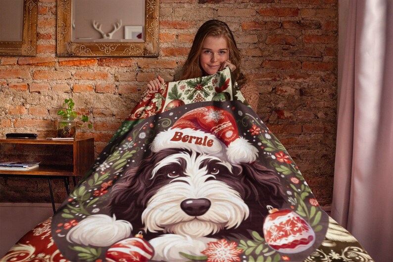Sweet Bernie The Bernedoodle, surrounded by amazing Christmas motif, captured on a gorgeous sherpa fleece blanket!