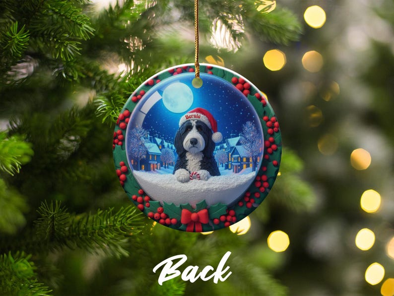 Christmas Dog Ornament, Holiday Tree Decoration, Pet Keepsake, Personalized Dog Gift, Festive Winter Scene, Custom Dog Name Tag