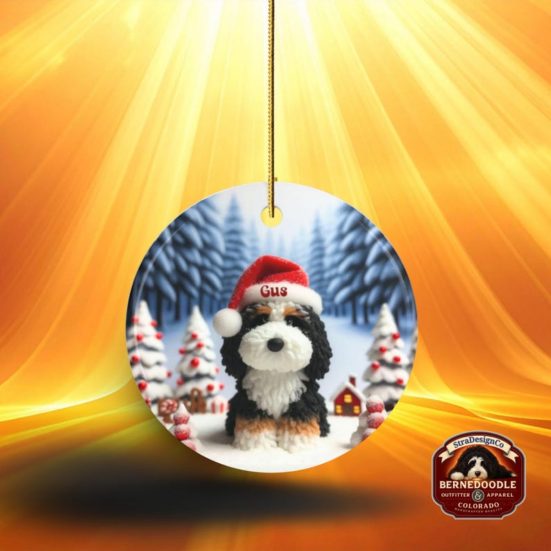 Bernedoodle claymation style ornament made of ceramic, hanging by a gold string.  Winter scene featuring a cute, personalized doodle dog with personalized name on santa hat.  Perfect gift for Bernedoodle Dog Lovers and Pet Enthusiasts.