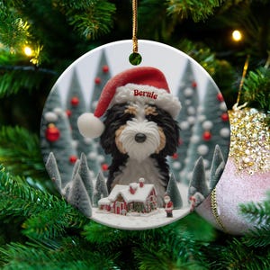 Custom Dog Ornament, Bernedoodle Christmas Gift - Two Sided Sublimation Ceramic Keepsake - Santa Hat Pup Holiday Decor image 1