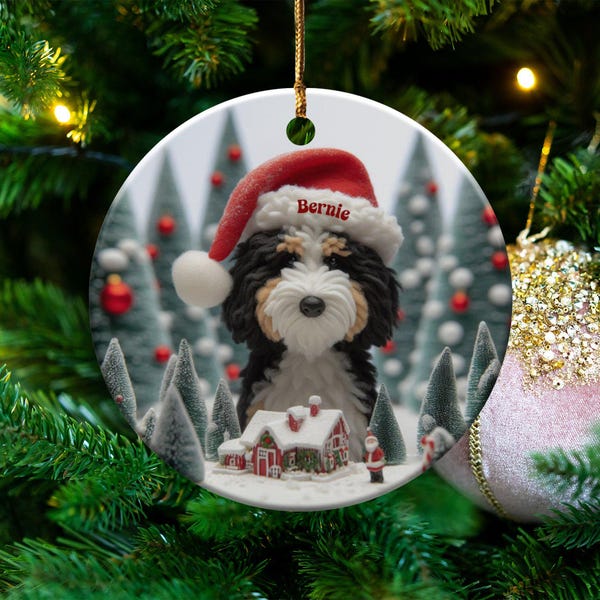 Custom Dog Ornament, Bernedoodle Christmas Gift - Two Sided Sublimation Ceramic Keepsake - Santa Hat Pup Holiday Decor