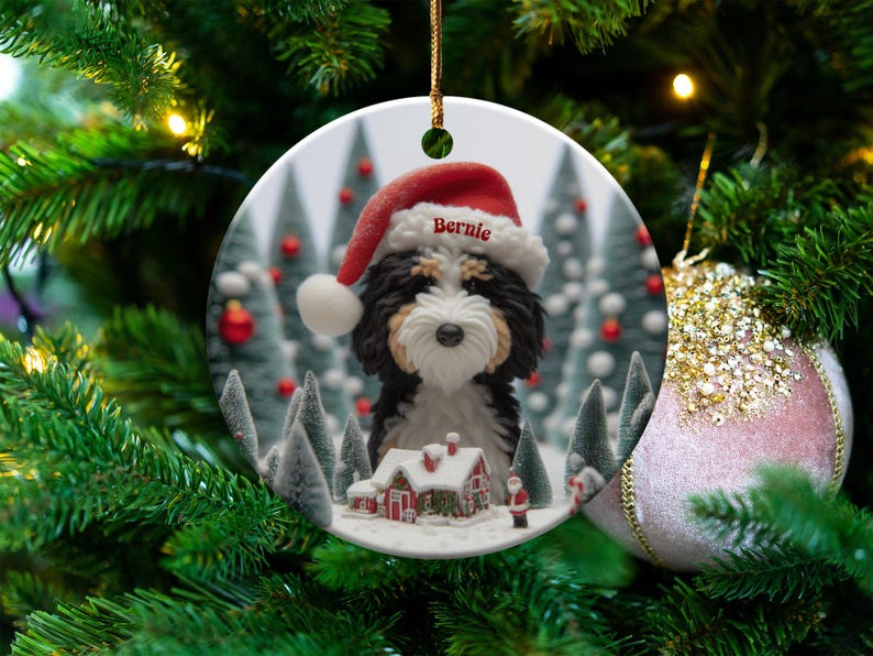 Custom Dog Ornament, Bernedoodle Christmas Gift - Two Sided Sublimation Ceramic Keepsake - Santa Hat Pup Holiday Decor image 1