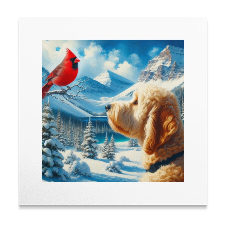 Goldendoodle Dog and Cardinal Art, Choose Canvas or Poster, Dogs and Red Cardinal, white Goldendoodle, Pet Person Gift, Doodle Mom Dad Gifts