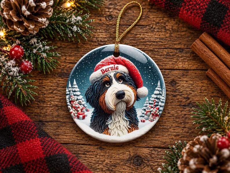 May include: A round ceramic Christmas ornament featuring a Bernese Mountain Dog wearing a red Santa hat with the name Bernie printed on the brim. The dog is set against a snowy winter landscape with pine trees and small snowmen.