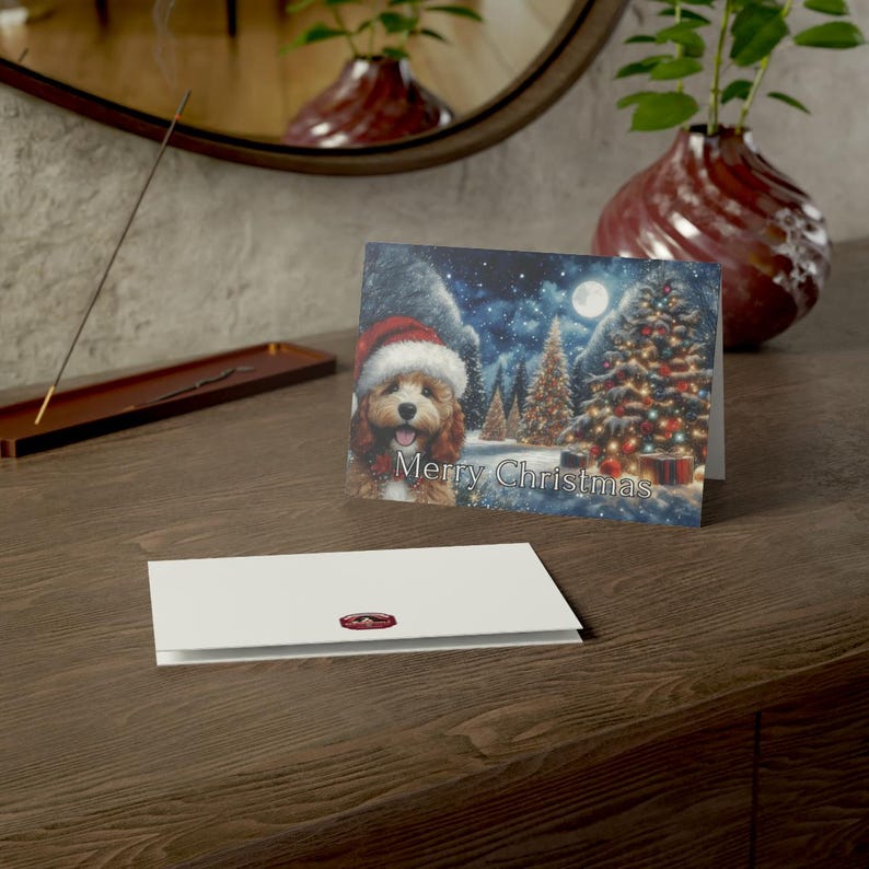 Cute Dog Christmas Card, Festive Holiday Greeting Card, Santa Hat Puppy, Christmas Tree Scene, Merry Christmas Card