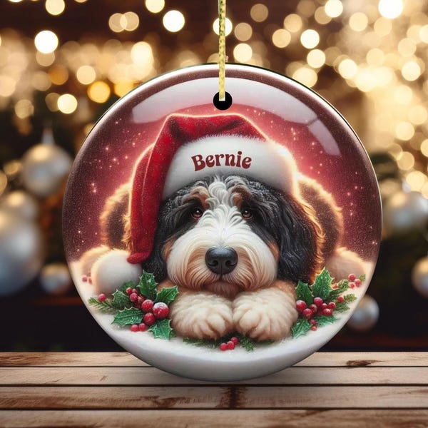 Christmas Ornament, Tri-Fade Doodle Santa Hat Ceramic Keepsake - Personalized Bernedoodle Gift, Two-Sided Sublimation Circle Decor