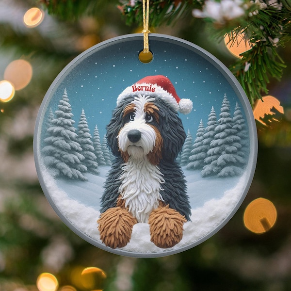Doodle Dog Ornament, Santa Hat Detail (Two Sided Print, Sublimation Ceramic, 3 Inch Bernedoodle Keepsake)