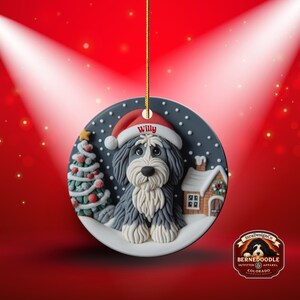 Christmas dog sheepadoodle ceramic ornament hanging on display in the Christmas living room!  Cute santa hat puppy decor, personalized pet ornament, holiday tree decoration, custom dog gift, festive pet decor.  Doodle lover Christmas decoration for Sheepadoodle Sheepa Doodle Moms!
