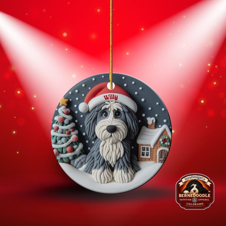 Christmas dog sheepadoodle ceramic ornament hanging on display in the Christmas living room!  Cute santa hat puppy decor, personalized pet ornament, holiday tree decoration, custom dog gift, festive pet decor.  Doodle lover Christmas decoration for Sheepadoodle Sheepa Doodle Moms!