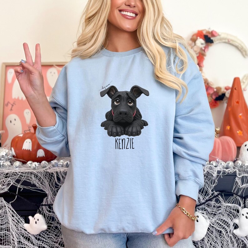 Puede incluir: Sudadera azul claro con una ilustraci&oacute;n de un perro negro y el nombre "KENZIE" impreso debajo. El perro tiene una expresi&oacute;n triste y est&aacute; acostado. La sudadera es de material suave.