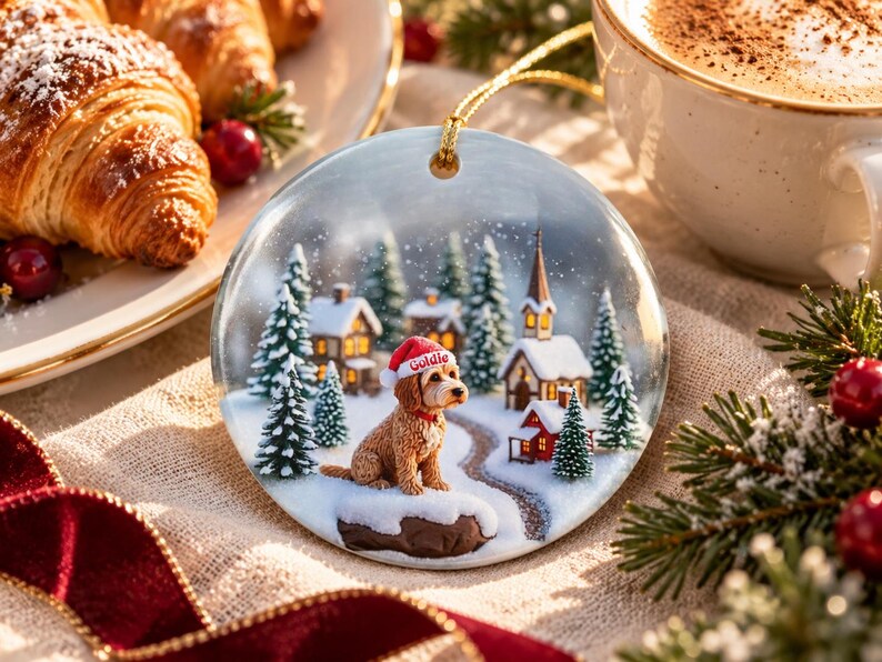 May include: A round ceramic Christmas ornament featuring a golden-brown dog wearing a red Santa hat with the name Goldie printed on it. The scene depicts a snowy village with pine trees, small houses, and a church under a light snowfall.