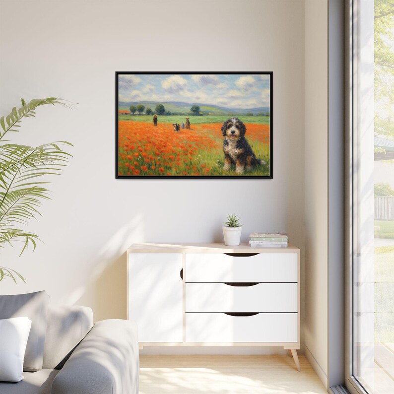 Bernedoodle Classic in un campo di papaveri - Tela incorniciata immagine 7
